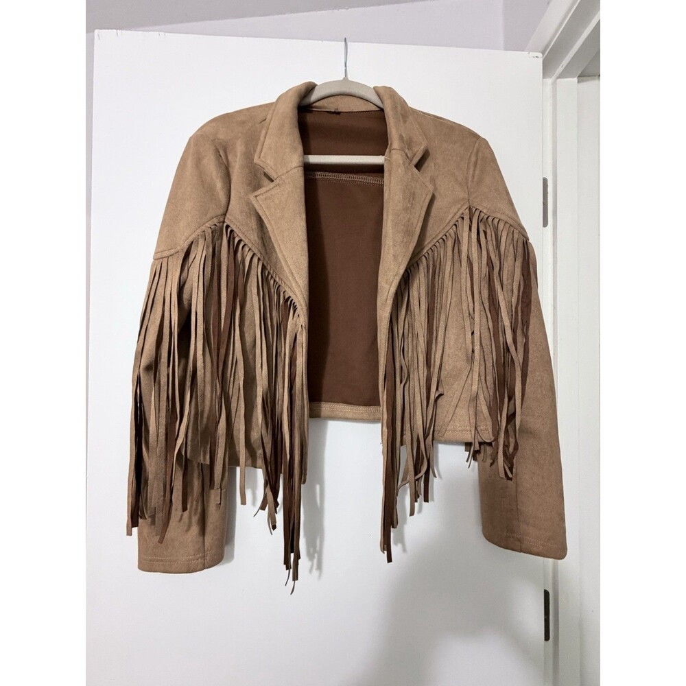 Faux Suede Fringe Cropped Cowgirl Jacket Tan Medium Cowgirl Festival